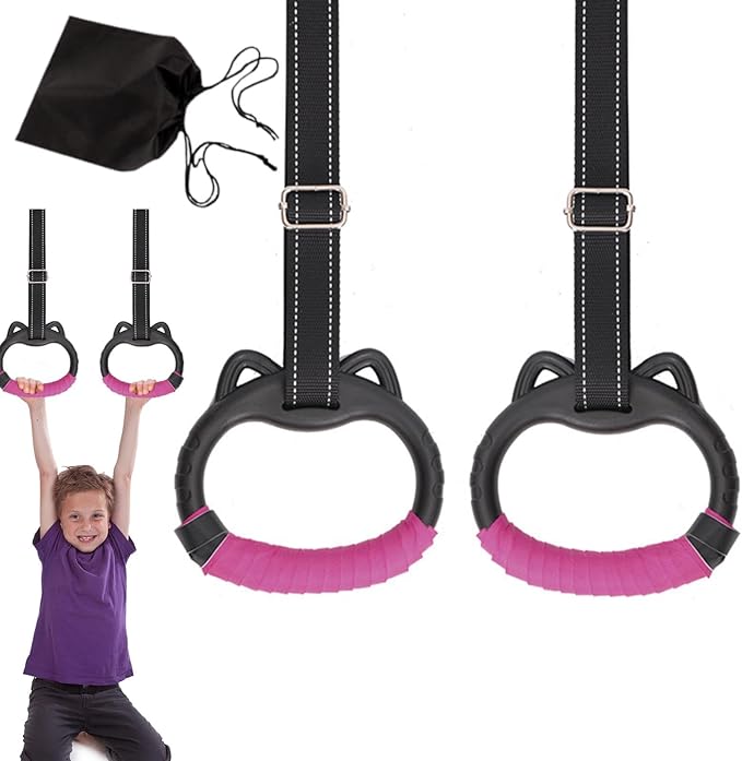 JIANWEI Gymnastics Rings Set for Kids, Professional Children Trapeze Bar Pull Up Rings with Straps Kids Playground Home Exercise Gym Rings with Drawstring Bag for Children Exercise(Pink)