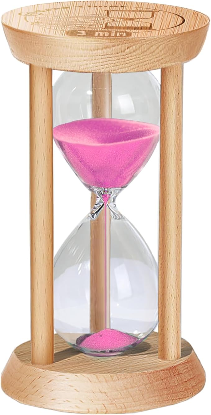 Wooden Sand Timer, 3 Minute Hourglass, Small 3 Min Sand Clock, Reloj De Arena, Hour Glass Sandglass for Home, Office, Decorative, Game, Classroom (Pink)