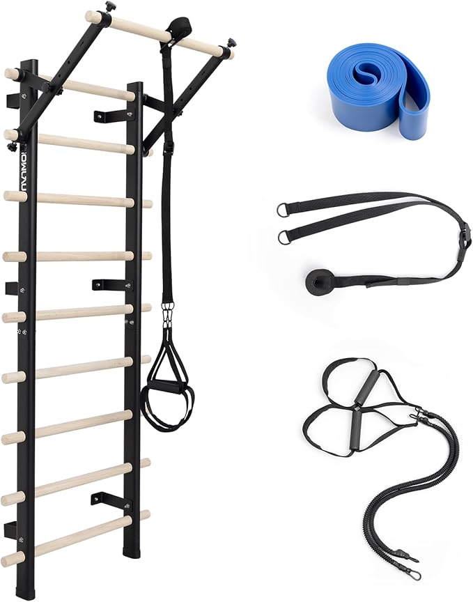 Swedish Ladder, Wood Stall Bar with Suspension Trainer Straps, Pull-Up Dip Bar Attachment, Strategic Rods, for Home, School, hysical Therapy and Gymnastics