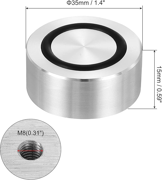 uxcell M8 Thread 35mm / 1.4" Dia 15mm Thick Aluminum Circle Disc Glass Top Adapter 4pcs Round Solid Table Feet Pad Plate Hardware with Anti-Slip Rubber Ring