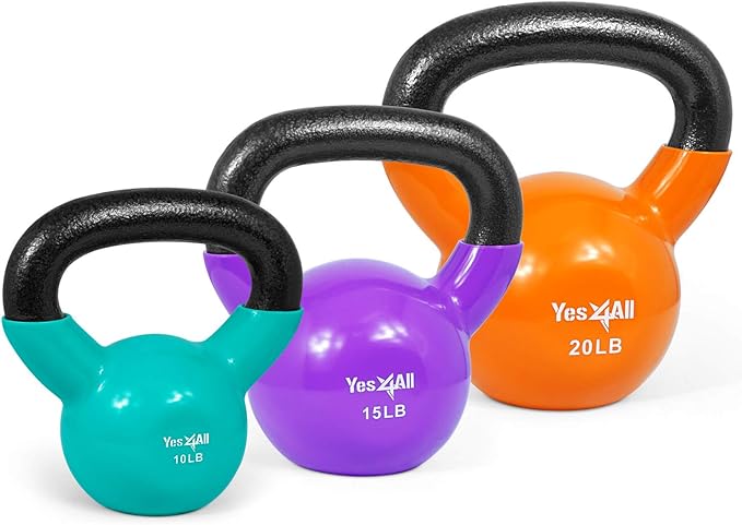 Yes4All Kettlebell, Vinyl Coated Kettlebell Cast Iron Sets with Stable Flat Bottom for Full Body Workout, Push up, Grip Strength Training & Weights Exercises