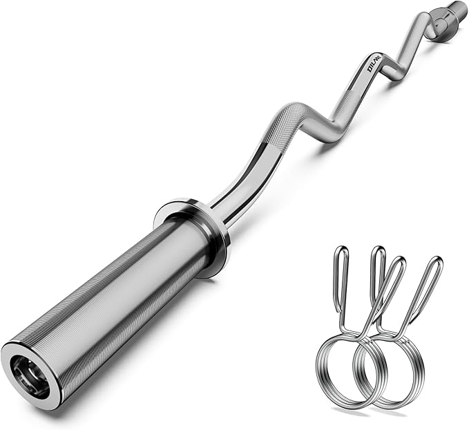 Olympic EZ Curl Barbell Bar, 47" Curl Bar for Weight Lifting, Home Gym Weight Bar- Strength Training,Squat,Hip Thrusts,Biceps, Chrome Curling for 2 Inch Plates -2 Spring Collars (Black)