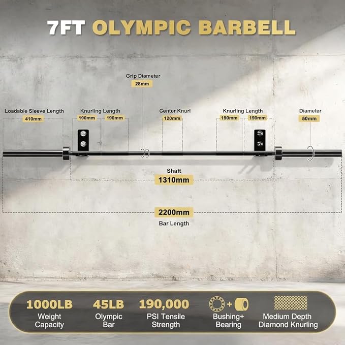7FT Olympic Barbell for Home Gym Strength Training, 45 Lbs 2-inch Weight Bar with 28mm Grip, 1000 Lbs Capacity 190K PSI Alloy Steel
