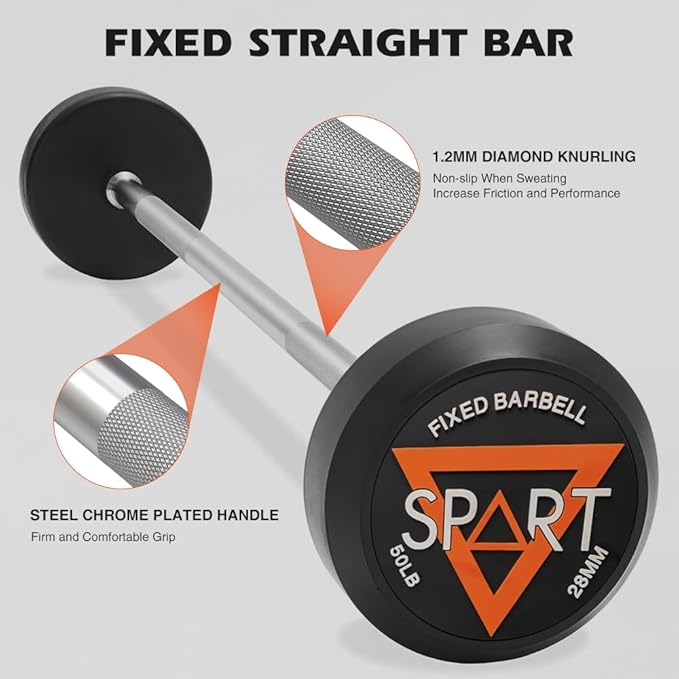SPART Rubber Coated Fixed Barbell, Pre-Loaded Weights Straight Solid Steel Barbells, Weighted Bar for Weightlifting Exercise, Bodybuilding, Strength Training, Squat Rack & Bench Press