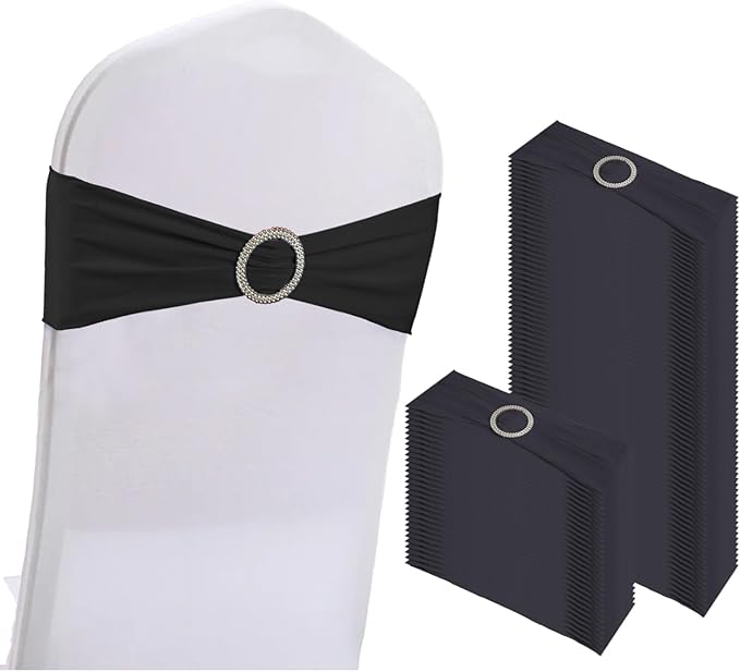 WJWHQ 100PCS Spandex Stretch Chair Sashes Bows Elastic Chair Cover Bands Ties with Buckle Slider for Wedding Party Reception Events Universal Ceremony Banquet Decorations(Black)