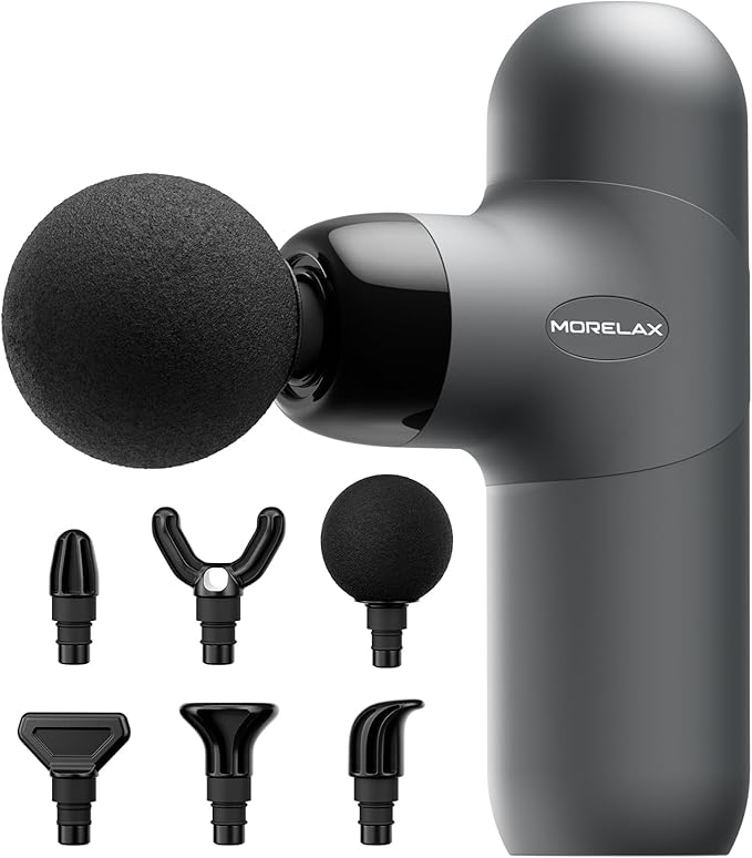 Morelax Mini Massage Gun, Percussion Muscle Massager for Back Pain Relief, Compact Sports Travel Massage Gun with 6 Massage Heads 4 Speeds, Gift for Her, Home, Athletes