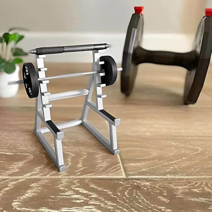 Funny Barbell Pen Holder, Mini Squat Rack Pen Holder Ornaments with 4pcs Weight Plates, Mini Plastic Weight Rack Pencil Holder Home Decor Gift for Fitness and Weightlifting Fans(COLOR:gray black)