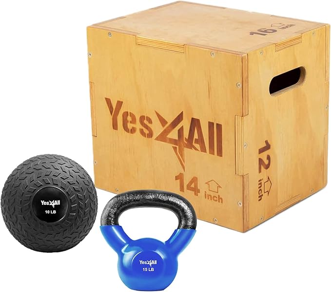 Yes4All Home Gym Equipment Combo, Package Contains: Slam Ball, Kettlebell, Plyo Box, Battle Rope, Workout equipment for Home Gym & Outdoor Workout