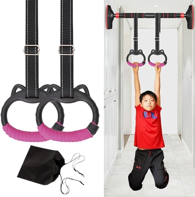 Gymnastics Rings Set for Kids, Professional Children's Trapeze Bar Pull Up Rings with Straps Playground Home Gym Ring with Drawstring Bag for Physical Training