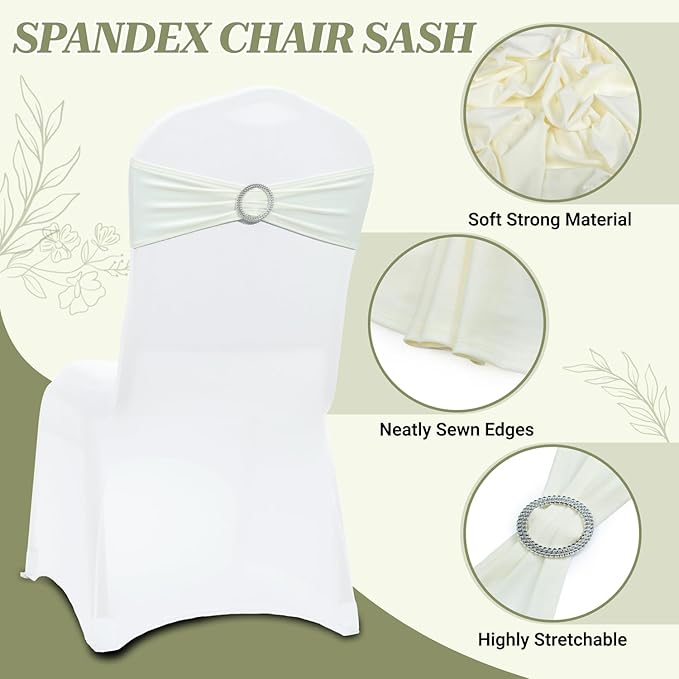 VDS - Ivory | Spandex Chair Sashes Bows | 200 PCS | Stretch Elastic Banquet Universal Folding Chair Band Tie with Silver Buckle Slider for Wedding Party Conference Celebration Event Decoration