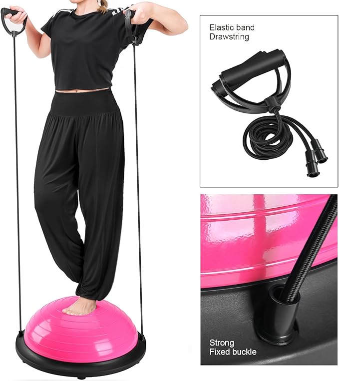 Half Balance Ball Trainer, Half Yoga Exercise Ball with Resistance Bands and Foot Pump, Balance Trainer for Stability Training, Strength Exercise Fitness, Home Gym Workout Equipment