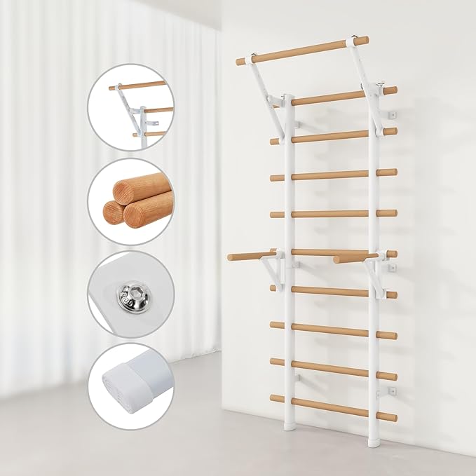 DHT Wood Stall Bar, Swedish Ladder Suspension Trainer with 9 Strategic Rods, for Home, Gym, School and Clinics, White