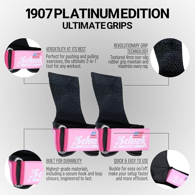 Schiek Sports Model 1907 Platinum Edition Ultimate Grips - 3 in 1 Weight Lifting Straps Wrist Wraps and Grip Pads - Secure Non Slip Control and Comfort for Strength Training