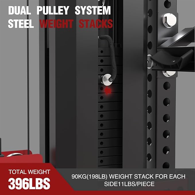 Commercial Smithe Machine with Dual Weight Stacks, Power Cage Squat Rack with Lever Arm & Leg Press Attachment, Multi-Function Linear Bearing Cable Crossover Machine for Home Gym