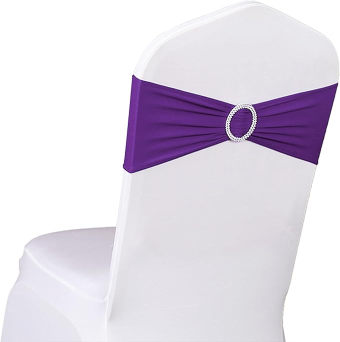 Spandex Purple Chair Sashes 100 Pack Wedding Chair Bands with Buckles Chairs Bows for Party Birthday Bridal Shower Engagement Anniversary Outdoor Events Decorations