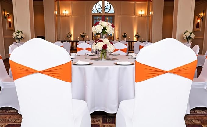 MDS Pack of 200 Spandex Chair Sashes Bows Elastic Stretch Dining Chair Bands Ties Without Slider Buckle Universal fits for Wedding Baby Shower Birthday Party Banquet Event Decoration - Orange