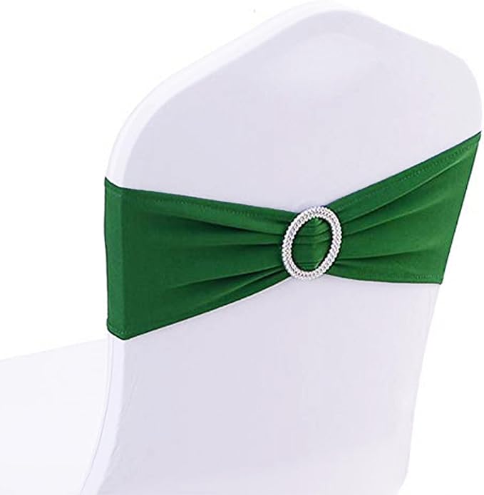 100 Pack Spandex Dark Green Chair Sashes for Wedding - Stretch Chair Bows Bands with Buckle for Party Birthday Banquets Engagement Christmas Events Decorations