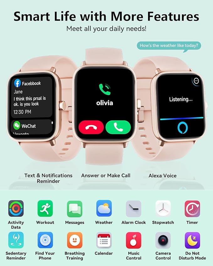 Smart Watches for Women, Smart Watch for iPhone and Android Phones Compatible, Alexa Built-in, 1.8" Fitness Watches for Women, 2 ATM Waterproof/Bluetooth Call, Heart Rate/Sleep Monitor, Pink