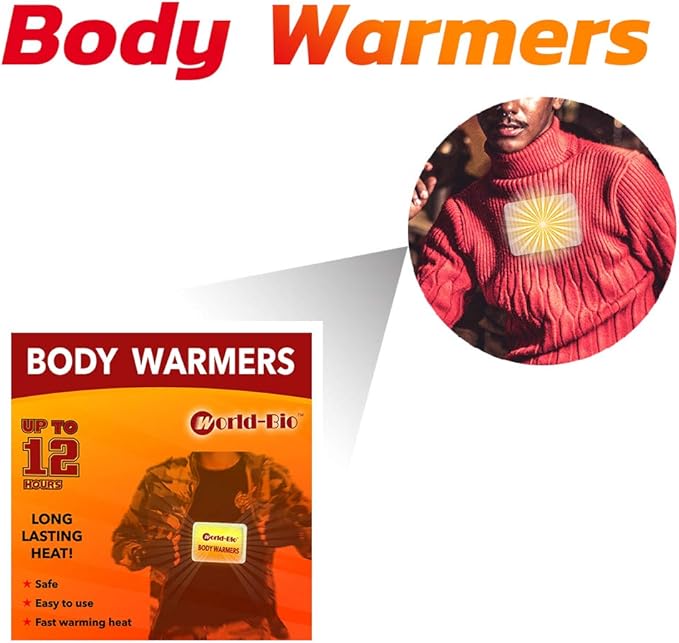WORLD-BIO Body Warmers for Cold Weather, Heat Warmer Patch Disposable with Adhesive Backing Gives Hours Warm - 12/20/32/40 Packs, Hand Warmers Long Lasting Safe Natural Odorless