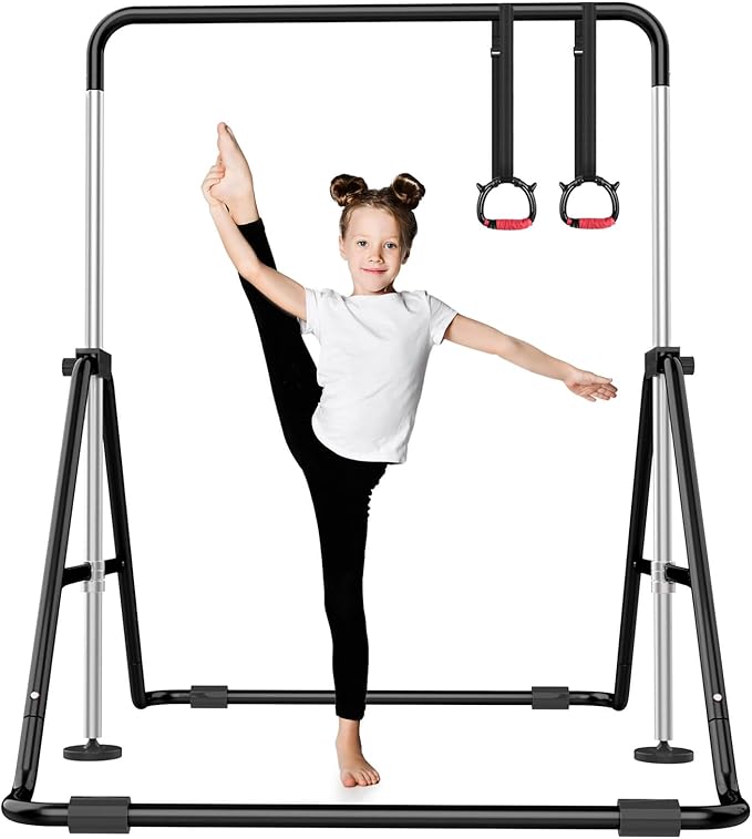 Foldable Gymnastics Bar, 5-Height Adjustable Gymnastic Bars for Kids at Home,Robust & Stable for Indoor/Outdoor Using,Weight Limit 140LBS