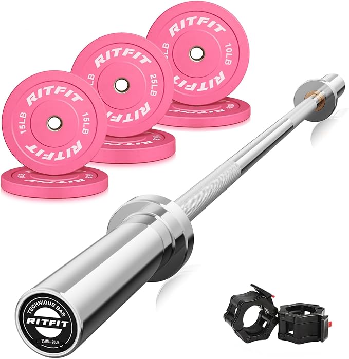 RitFit Barbell Weight Set - 4/6FT Olympic Barbell with Weight Plates (55-115LB Total) - Weightlifting Equipment for Squats, Curls, Deadlifts, Presses, Hip Thrusts