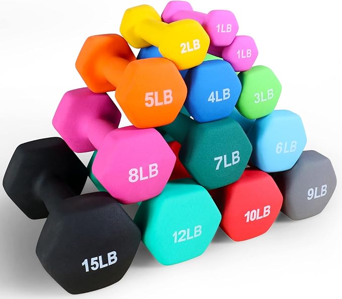 Fitvids Neoprene Dumbbell Hand Weights, Anti-Slip, Anti-roll, Hex Shape Colorful, Pair or Set with Stand