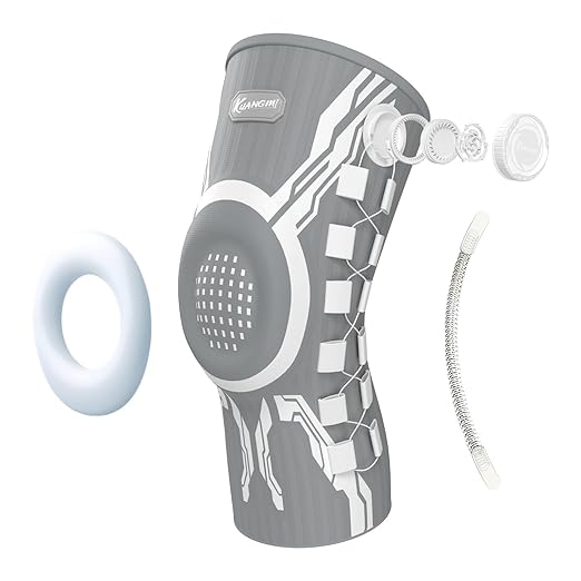 Kuangmi Knob Knee Brace for Pain Relief, Knee Support with Patella Gel Pad & Side Stabilizers, Compression Knee Sleeve for Workout, Arthritis, Joint Pain, Meniscus Tear (Gray White,Left,Large,Single)