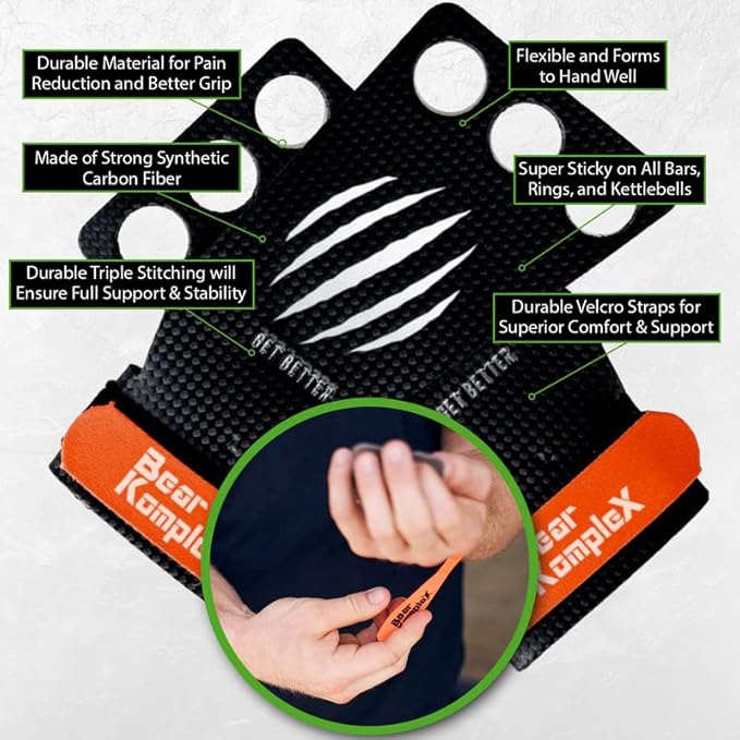 Bear KompleX 2-3 Hole Carbon Hand Grips for Weight Lifting, Cross Training and Gymnastics, Durable Workout Grips with Wrist Wraps, Comfortable Lifting Straps & Workout for Gymnastic Bars