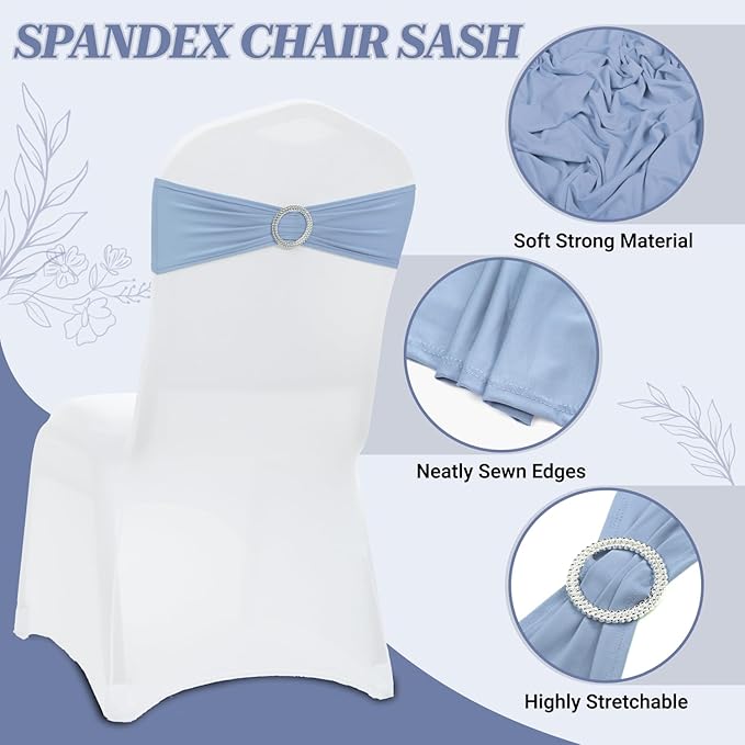 VDS - Baby Blue | Spandex Chair Sashes Bows | 50 PCS | Stretch Elastic Banquet Universal Folding Chair Band Tie with Silver Buckle Slider for Wedding Party Conference Celebration Event Decoration