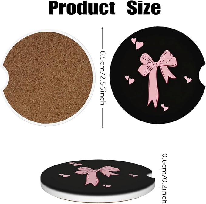 Car Cup Holder Coasters, 2 Pcs Ceramic Coasters with Finger Slot and Cork Back, Anti-Slip Shock Absorbing Women and Men Universal Car Accessories - Heart Bowknot