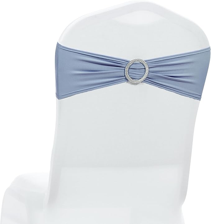 MDS Pack of 50 Spandex Chair Sashes Bow Premium Stretch Chair Cover Band with Buckle Slider Universal fits Elastic Dining Chair Ties for Wedding Party Banquet Events Decoration - Dusty Blue