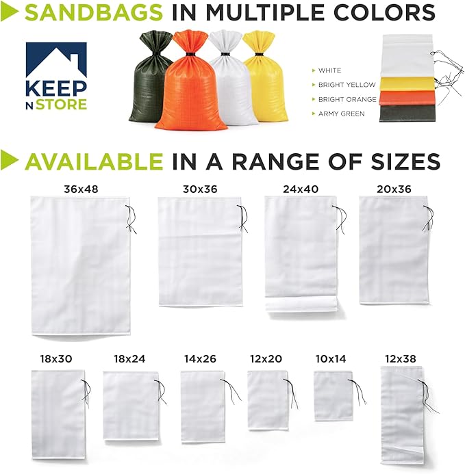 Heavy Duty Sand Bags Pack of 6, White Empty Sandbags with Built-In Ties, Woven Polypropylene UV Protection 1600 Hours, Fillable Bags for Flood Control, Weight, 18x30 inches, 75 Pounds Volume