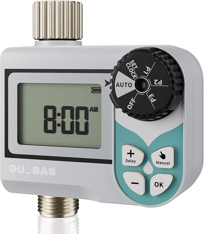 QUOBAS Low Pressure Water Timer, Weekly Programmable Sprinkler Timer with Brass Inlet & Outlet for Rain Barrel, Garden Hose, with Ball Valve & Waterproof Screen, Rain Delay/Manual/Auto Modes