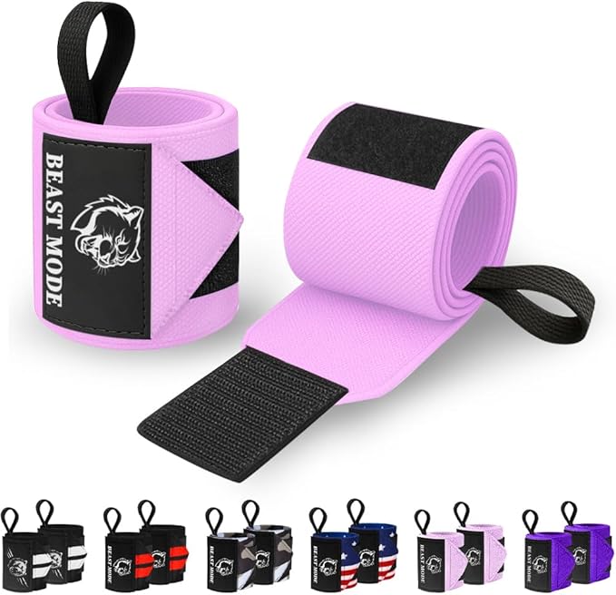 TECEUM Weightlifting Wrist Wraps with Thumb Loop – Pink – Beast Mode – 12 inch – Heavy-Duty Workout Wrist Support & Protection – Ideal for Powerlifting, Strength Training, Bodybuilding