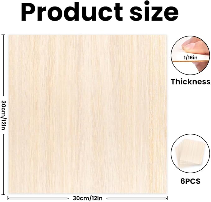 DIYDEC 6 Pack Basswood Sheets 12 x 12 x 1/16 Inch Thin Wooden Sheet Unfinished Wooden Squares Boards Balsa Plywood Wood Sheets for Crafts Architectural Models Laser Cutting Wood Burning and Drawing