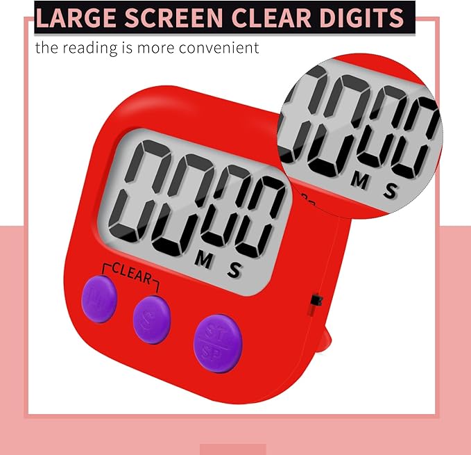 6 Pack Small Digital Kitchen Timer Magnetic Back and ON/Off Switch,Minute Second Count Up Countdown (Red)
