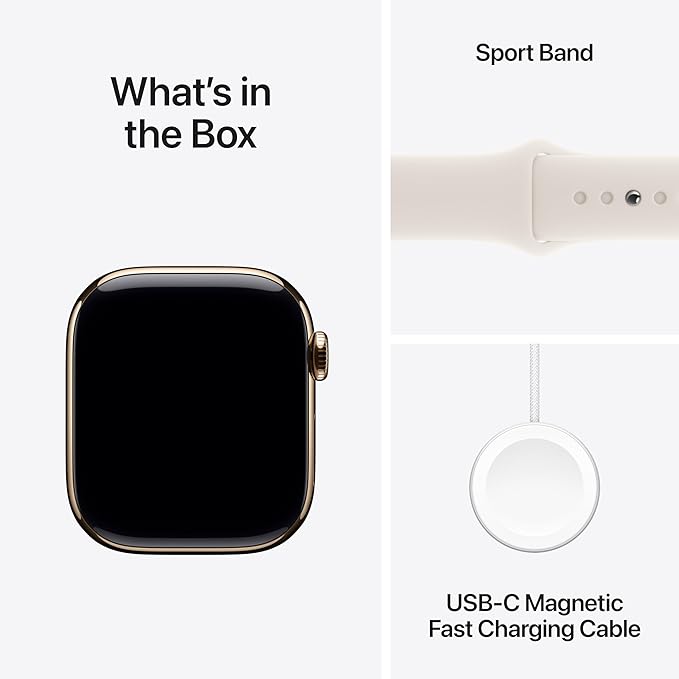 Apple Watch Series 10 [GPS + Cellular 42mm] with Gold Titanium Case with Starlight Sport Band - S/M. Fitness Tracker, ECG App, Always-On Retina Display, Water Resistant with AppleCare+ (2 Years)