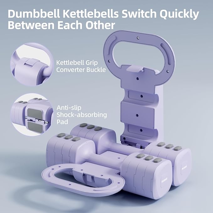 RUNWE 4 in 1 Adjustable Dumbbell Kettlebell Set for Women, Kettlebell Grip Converter, 2.2-5.5lb Fast Adjust Hand Weights for Postpartum Recovery & Beginner Strength Training, Pink, Space-Saving Home Gym