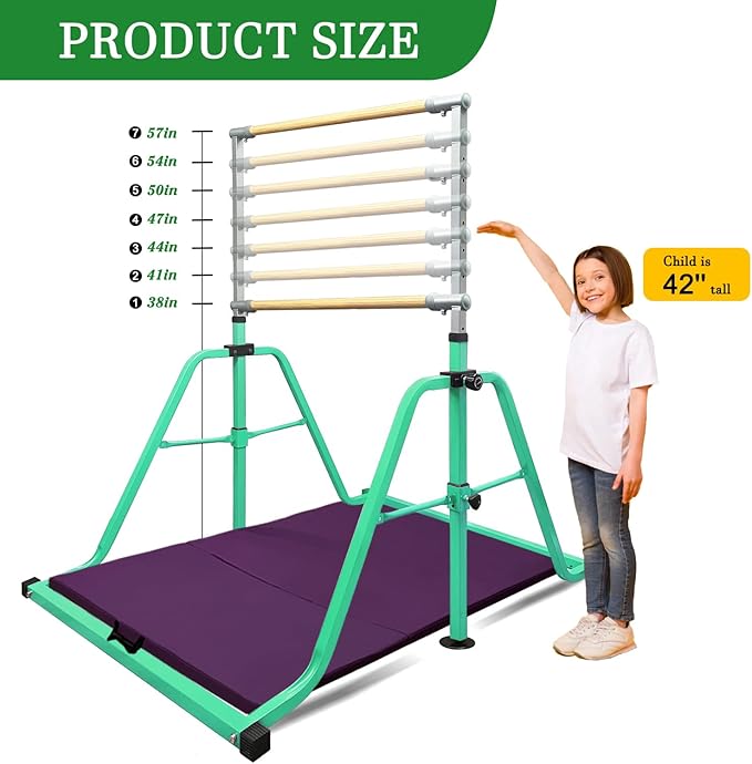 Foldable & Moveable Gymnastics Horizontal Bar with Rings,3’to 5’Adjustable Height Expandable Junior Kip Bar for Home,Indoor Gym Equipment for Kids