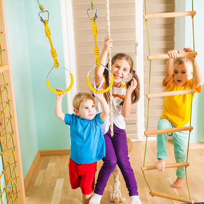 Swing Ninja Ring Indoor Outdoor Backyard PlaySet Fitness Gymnastic Training Equipment, 2 Pack Yellow Hanging Jungle Gym Fist Trapeze Monkey Bars Climbing Ring Ninja Warrior Obstacle Course Attachments