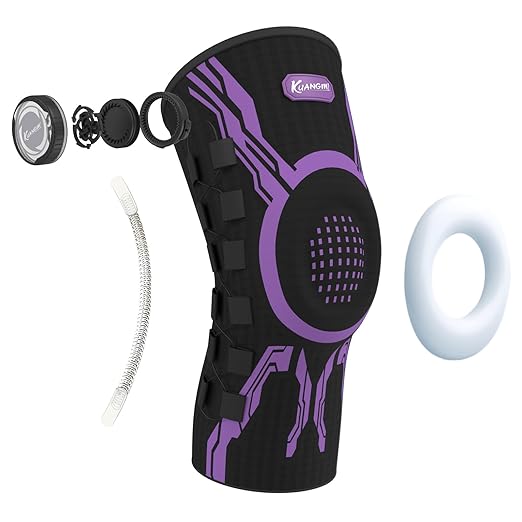 Kuangmi Knob Knee Brace for Pain Relief, Knee Support with Patella Gel Pad & Side Stabilizers, Compression Knee Sleeve for Workout, Arthritis, Joint Pain, Meniscus Tear (Purple Black,Right,Large,Single)