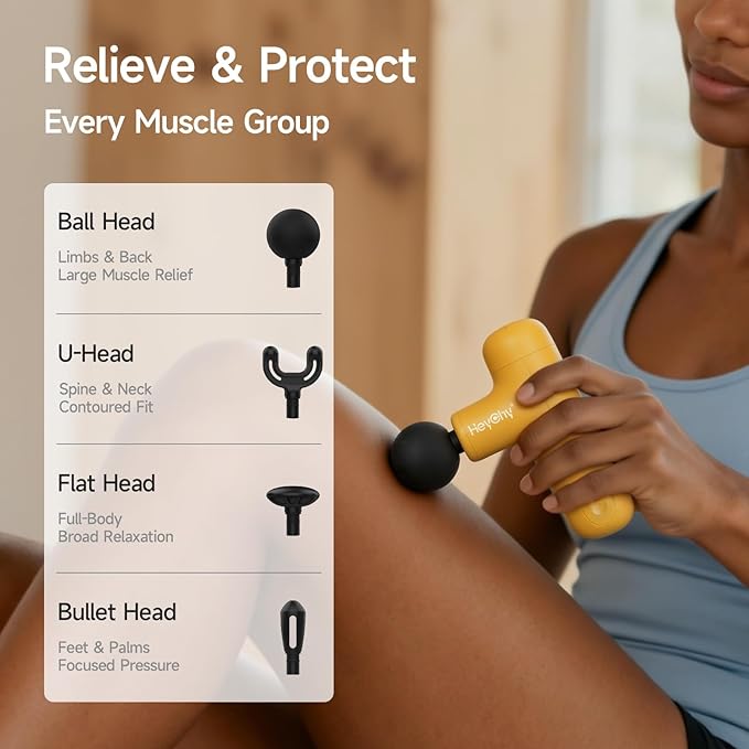 HEYCHY Super Mini Massage Gun Deep Tissue, Handheld Percussion Muscle Massager with 4 Heads, Travel Size Massager Gun for Men & Women Back Pain Relief, Quiet for Home, Gym, Office, Yellow