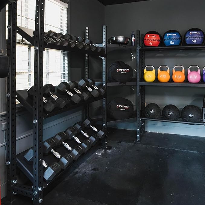 Titan Fitness Elite Series Mass Storage System for Dumbbell Kettlebell Slam Ball Storage, Core Unit, Bolt-On Adjustable Shelves, Home Gym Storage Rack for Workout Equipment