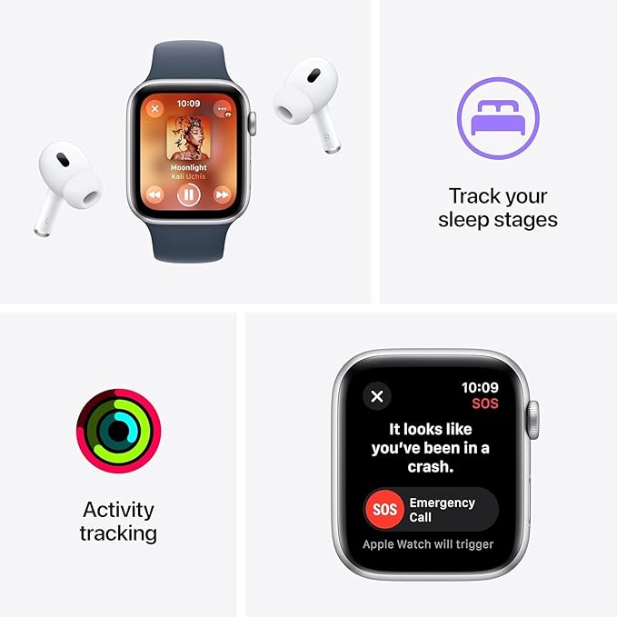 Apple Watch SE (2nd Gen) [GPS 44mm] - Silver Aluminum Case with Storm Blue Sport Band, M/L (Renewed)