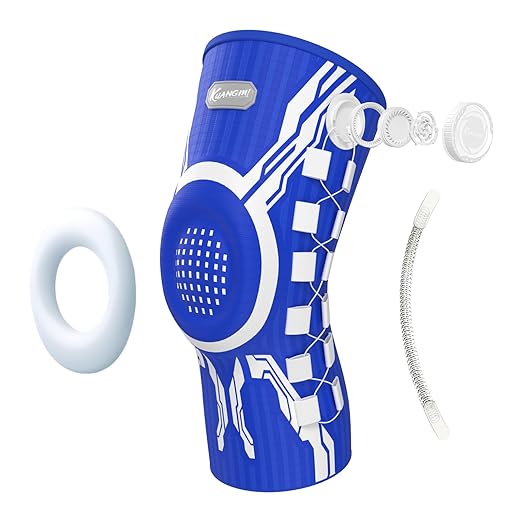 Kuangmi Knob Knee Brace for Pain Relief, Knee Support with Patella Gel Pad & Side Stabilizers, Compression Knee Sleeve for Workout, Arthritis, Joint Pain, Meniscus Tear (Blue White,Left,Large,Single)