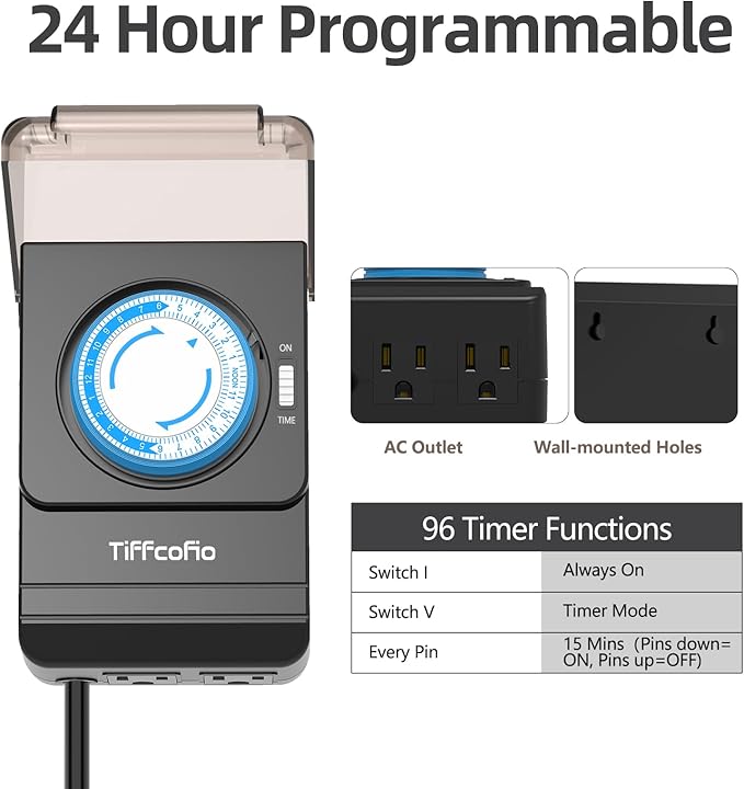 TiFFCOFiO Outdoor Heavy Duty Mechanical Timer Outlet Waterproof, 15 Minutes Intervals, 24 Hour Outdoor Pool Pump Timer with 2FT Cord, 2 Grounded Outlets for Outdoor Lights, 15A/1875W
