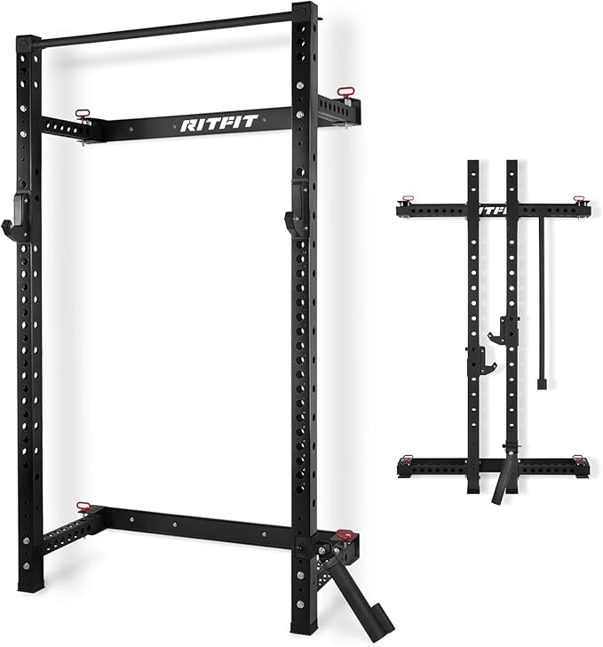 RitFit 2.36'' x 2.36'' Folding Squat Rack for Home Gym, Wall Mounted Squat Rack with Attachments - Space Saving Squat Power Rack
