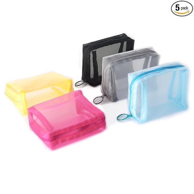 patu Zipper Mesh Bags, Portable Mini Case, Size S, 5" x 4" x 2", 5 Pieces, Beauty Makeup Cosmetic Accessories Organizer, Small Travel Toiletry Kit Set Storage Cuboid Pouch, Assorted Colors