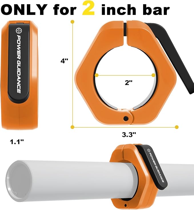 POWER GUIDANCE Barbell Collars Barbell Clips, ONLY for 2 inch Olympic Barbell Clamps, Weight Clamps Quick Release Barbell Collar for Olympic Lifts and Strength Training (Orange)