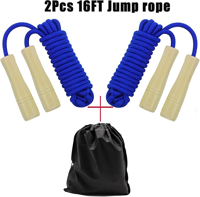 Double Dutch Jump Rope 16 ft 2 Pack, Adjustable Long Skipping Rope with Wooden Handle, Multiplayer Team Jumping Rope for Kids Adults, Long Enough for 5-6 Jumpers